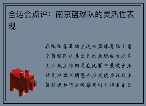全运会点评：南京篮球队的灵活性表现