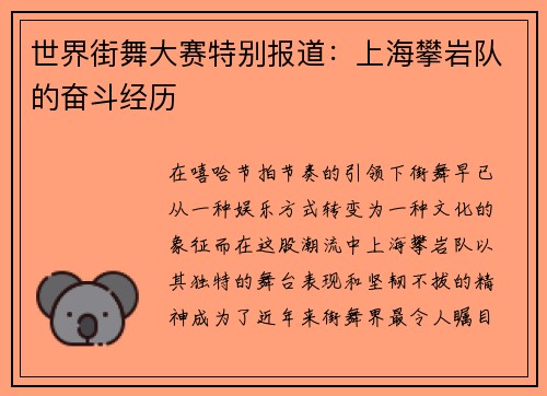 世界街舞大赛特别报道：上海攀岩队的奋斗经历