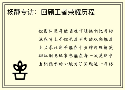 杨静专访：回顾王者荣耀历程