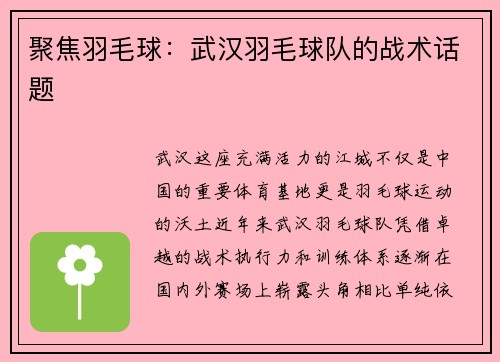 聚焦羽毛球：武汉羽毛球队的战术话题