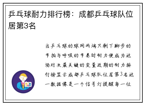 乒乓球耐力排行榜：成都乒乓球队位居第3名